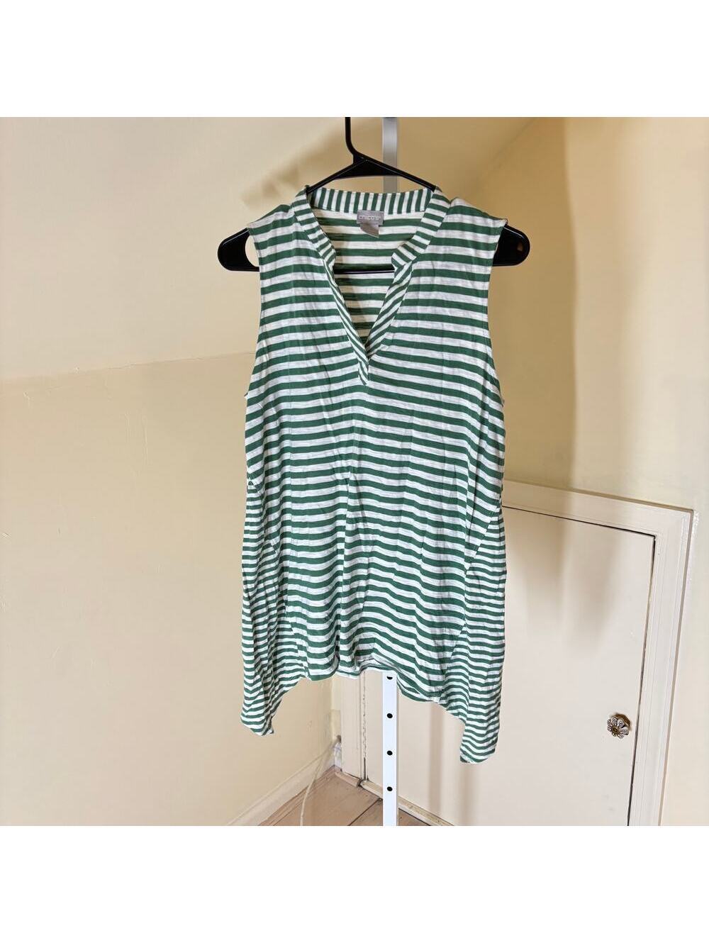 Chico's NWOT Women's Green Striped Longline Slub Tank Top V-Neck Size 1 or M